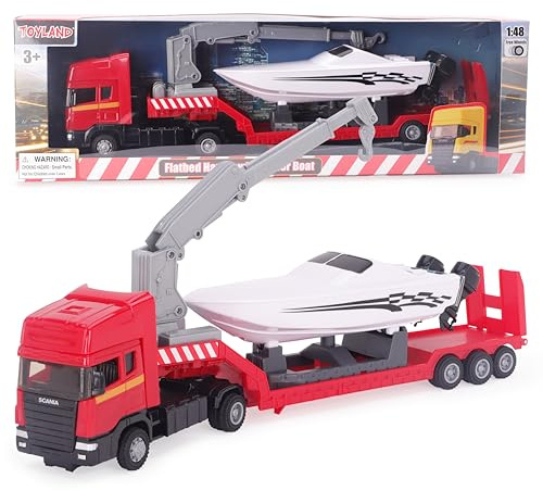 Toyland® Camion Transporteur à Plate-Forme Scania avec Bateau à Moteur - Échelle 1:48 - Roue Libre (Camion Rouge)