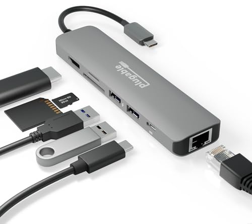 Plugable 7-in-1 USB C Hub Multiport Adapter with Ethernet - Compatible with Mac, Windows, Chromebook, Dell XPS and Thunderbolt 3 (87W Charging, Gigabit Ethernet, 4K HDMI, 2x USB, SD/microSD)