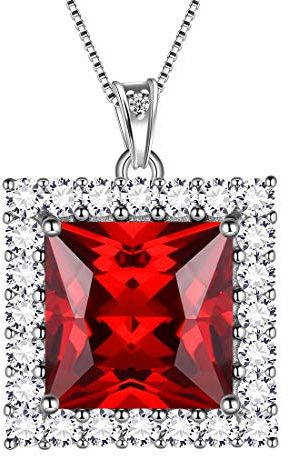 Aurora Tears Januar Birthstone Halsketten 925 Sterling Silber Rot Granat Quadrat Geburtsstein Anhänger mit Zirkonia Schmuck für Frauen und Mädchen DP0282J