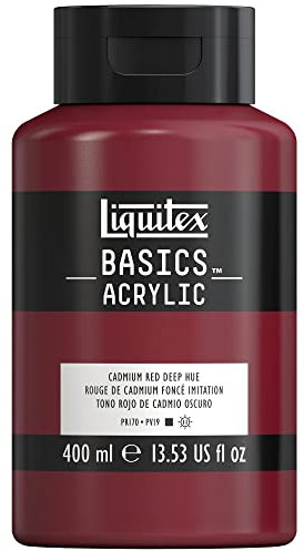 Liquitex 8870320 Basics - Acrylfarbe, monopigmentierte Künstlerpigmente, lichtecht, mittlere Viskosität, Archivqualität, seidenglänzender Finish, 400ml Flasche - Kadmiummiumrot dunkel Farbton