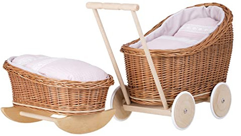 e-wicker24 Alles aus Weide Puppenwagen und Puppenwiege mit Bettwäsche perfekte Geschenkidee Korbpuppenwagen schöner Spielzeug aus Korbgeflecht Korbwiege für Puppen Spielzeug für Mädchen (Pink)