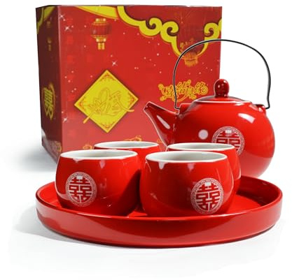 Chinese Wedding Tea Gift Set, Newly-married Ceremony (Double Happiness) | Ceramic Tea Pot with 4 Cups & Tray Red Porcelain Tea Set Service Banquet Celebration 2026