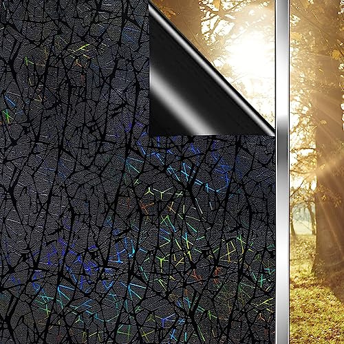 Qualsen Total Blackout Window Film Privacy, 3D Laser Pattern Privacy Film for Glass Windows Opaque Non-adhesive Static Cling, UV Protection Black Out Window Cover for Bedroom, Office(60x300cm)
