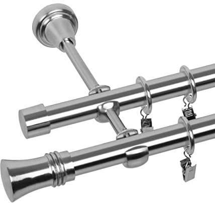 RENA Gardinenstange Vorhangstange 2-läufig - 19 mm - aus Metall - Lautlose Rollen - Komplettset - Edestahl Optik 300cm Prince