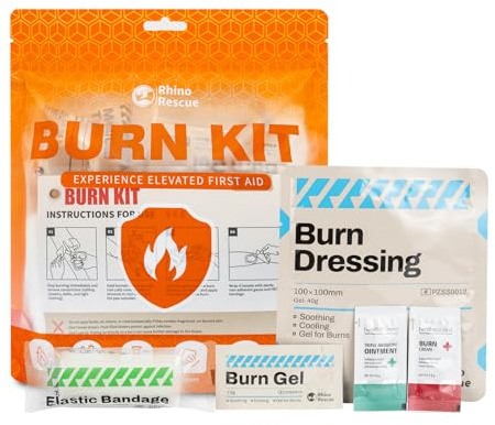 RHINO RESCUE Burn Kit, 4pcs Burn Dressings 4x4”, 8pcs Burn Gel Packets 3.5g, 4pcs Burn Pads, First Aid Kit Cooling Soothing Cream Relief with Bandage, Nitrile Gloves, Scissors, Tape