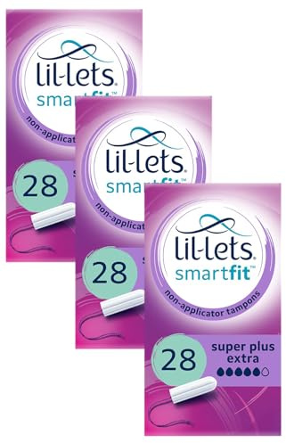 Lil-Lets Non-Applicator Super Plus Extra Tampons, 28 Count (3 Pack), for Very Heavy Flow, 5 Droplets, Plant-Based, SmartFit™ Non-App Tampon