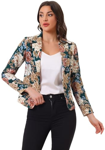 Allegra K Women's Work Casual Fitted Blazer Notch Lapel Printed Open Front Suit Jacket Small Dark Green-Floral