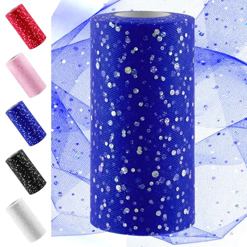 Swpeet 6 tum av 50 yards kungsblå glitter Royal Blue Glitter Tulle Fabric Roll, Tygspule Musserande Tulle Band, Netting Polyester Spool för DIY Födelsedagsfest Bröllopsdekorationer Julhantverk