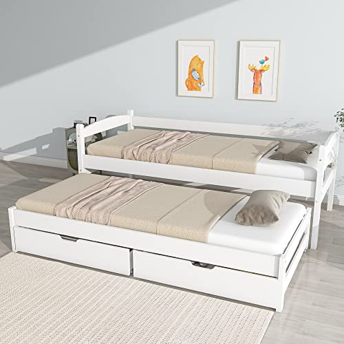 Soweiz Cama individual y doble, cama corredera con ruedas inferiores, con 2 cajones de MDF, marco de madera maciza, blanco (200 x 90 cm/190 x 90 cm)