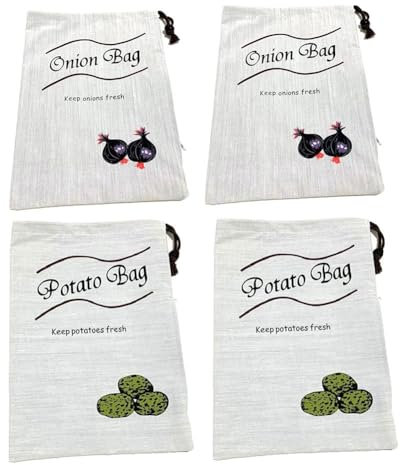 yomoe Kartoffelaufbewahrung für Speisekammer I Kartoffel- und Zwiebel-Aufbewahrungsbeutel mit seitlichem Reißverschluss, Bauernhaus-Zwiebelbeutel mit Einsatz, 35 x 26 cm, 4 Stück