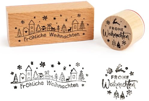 BOOMTOP 2Pcs Weihnachten Stempel Holz Stempel Frohe Weihnachten Motivstempel Fröhliche Weihnachten Stempel Set Dekostempel zum Basteln DIY Kartenherstellung Scrapbooking Geschenk Rund Recheckig