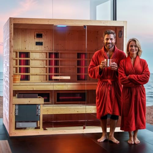 GLOBAL RELAX® | DHARANI Combi Sauna Infrarossi e Vapore Fino a 4 o 5 Persone | Abete I Temperatura Regolabile I LED I Infrarossi 1500 W + Vapore 8000 W I Suono 3D I Elimina Le tossine I Rilassamento