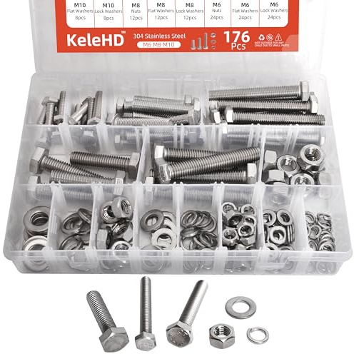 176PCS M6 M8 M10 Nut and Bolt Assortment Sets Heavy Duty, 304 Stainless Steel Hex Head Screw Assortment Kit, Outer Hexagon Machine Screws Bolts/Nuts/Lock Washers/Flat Washers Assortment Set