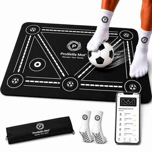 PROSKILLS Football Training Mat – Structured Video Training with 4 Skill Levels & Challenge Drills – XL 90×60cm Non-Slip Soccer Skills Mat with Grip Socks & Carry Bag