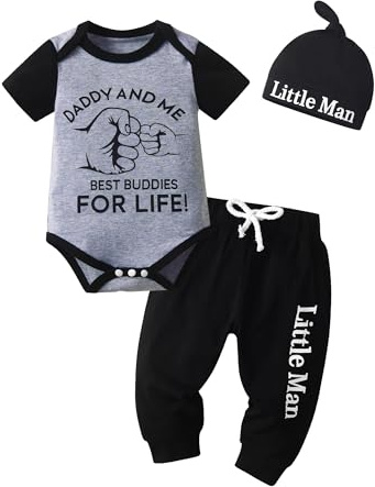 Tearfuty Newborn Baby Boy Clothes Short Sleeve Romper + Pants + Hat 3pcs Clothing Sets Black（0-3 Months）