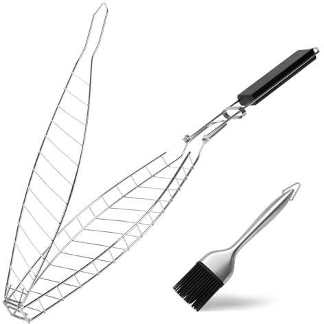 Fish Grill Basket, Heavy Duty Stainless Steel Grilling Basket with Removable Wooden Handle & Bonus Basting Brush, BBQ Accessories for Outdoor Camping Picnic, Cook Whole Fish, Seafood, Vegetables