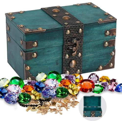 Oupuven Scrigno del Tesoro 17.8 * 11 * 9.7cm Scatola Legno con Coperchio, Forziere del Tesoro Bambini per La Memorizzazione Di Cambiamenti, Gioielli, Decorazioni (Smeraldi)