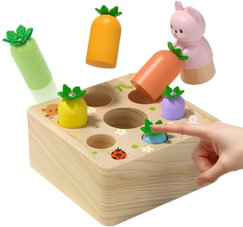 XIAPIA Giocho Montessori per Bambini da 1 2 3 Anni, Giocattolo in Legno Pop-up Carote, Bambino Ragazza Regalo per Compleanno Natale