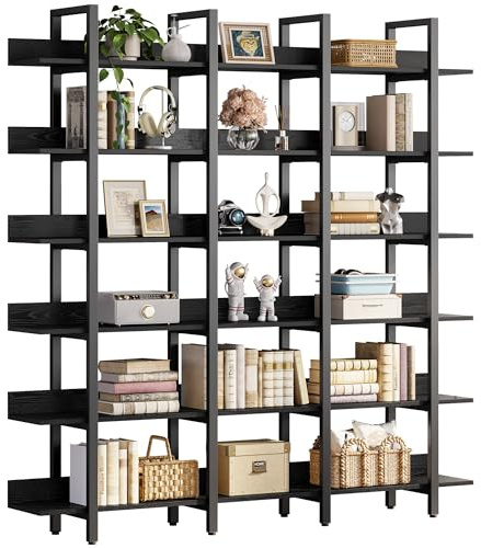 IRONCK Bookcase and Bookshelves Triple Wide 6 Tiers Large Open Shelves, Etagere Bookcases with Back Fence for Home Office Decor, Easy Assembly