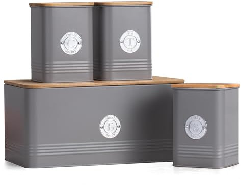 EHC Set of 4 Tea, Sugar, Coffee & Bread Bin Canisters Set, Kitchen Storage Jars with Lids, Containers Canisters Jars Set of 4, Grey