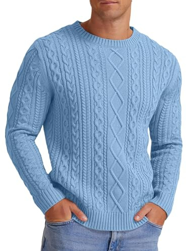 Hisir Men's Cable Knit Jumpers Winter Casual Crew Neck Thick Warm Long Sleeve Sweater Pullover Tops for Men UK (Light Blue, XL)