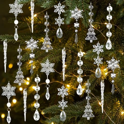 26PCS Christmas Tree Ornaments Acrylic Crystal Hanging Pendant, Snowflake Icicles Hanging Christmas Ornaments Clear Teardrop Curtain Prism Decorations for Xmas New Year Winter Outdoor Indoor Decor