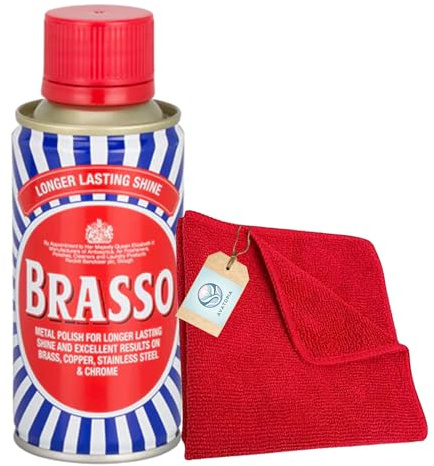 Premium Brasso Metal Polish Cleaner 175ml with Microfibre Cloth | Liquid Metal Shine for Brass, Copper, Chrome & Stainless Steel | Brasso Brass Polish for Long Lasting Results
