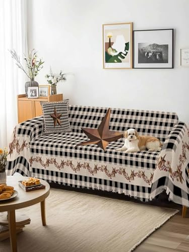 Texas Star Vintage Sofa Cover Blanket Couch Covers for Armchair Cushion,Couch Sofa Silpcover with Tassel,Retro Country Brown Stars Checkered Living Room Throw Towel Blanket Covers XX-L 71x150