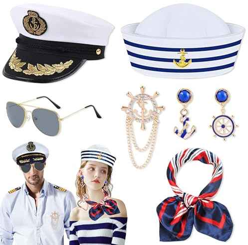 YinnFeen 6 Pièces Costume de Capitaine Marin, Accessoires Marin Adulte, Casquette de Capitaine de Yacht Bonnet Marins Écharpe Lunettes Boucles d'oreilles et Broche pour Soirée Carnaval Cosplay