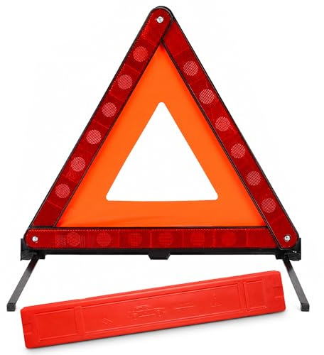 VILUXE Triángulo de advertencia para coche, 44 cm, altamente reflectante, con caja de almacenamiento, triángulo de seguridad plegable para vehículo