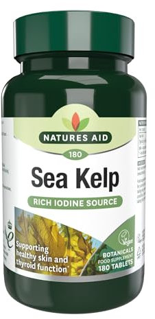 Natures Aid Sea Kelp 187mg – 180 Vegan Tablets – High Strength Iodine Supplement – Supports Thyroid Function & Skin – With Calcium – Gluten Free – Natural Source – No Artificial Additives