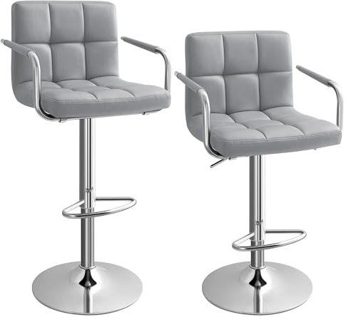 SONGMICS Barhocker, 2er Set, Barstuhl höhenverstellbar, mit Kunstleder-Bezug, 360° Drehstuhl, Küchenstuhl mit Armlehnen, Rückenlehne und Fußstütze, verchromter Stahl, Hellgrau LJB93G