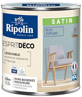 RIPOLIN - Peinture Intérieure Multi-Supports – Murs, Boiseries & Radiateurs – Ultra-Couvrante – Lessivable – Application Facile – Ecolabel - Satin - 0,5L - Bleu Cupcake