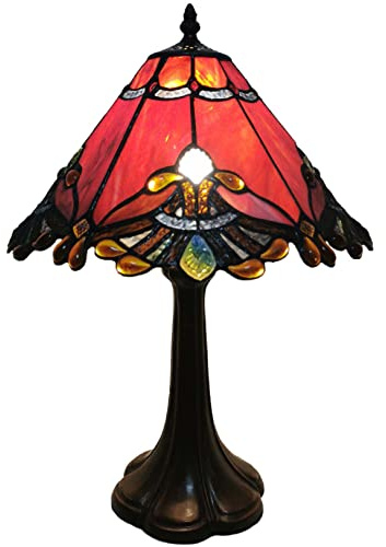 Bieye L10021 Baroque Tiffany Style Stained Glass Table Lamp Night Light with 13 Inches Wide Handmade Lampshade Metal Base for Bedside Bedroom Living Room Decoration, 13 W x 19 H, Red