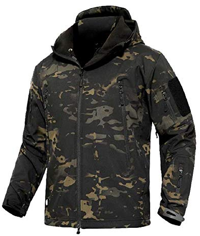YFNT Herren Taktisch Softshell Fleecejacke Camouflage Hoodie Wandern Winddicht Wasserdicht Mantel Jacken Skijacke, Nacht Tarnung, M