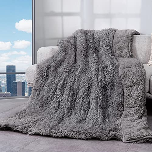 Cottonblue Shaggy Faux Fur Reversible Sherpa Weighted Blanket 20lbs, Luxury Snugly Long Fur Warm Heavy Blanket 60x80 inches, Super Soft Fuzzy Fleece Blanket for Winter, Grey