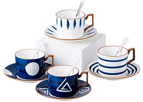 Jusalpha Japanese style hand printed- 7oz Fine China Tea Cup/Coffee Cup With Spoon and Tray/Saucer Set, Tableware, Serve of 4, TCS25