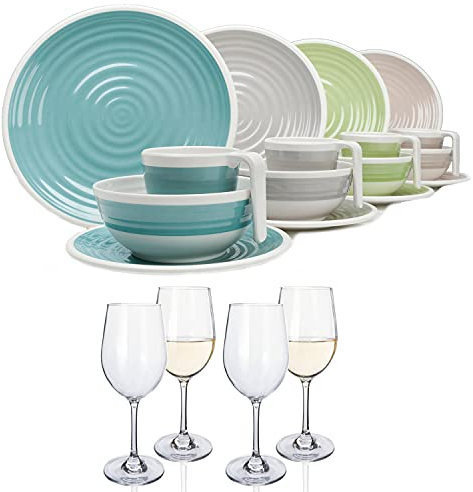 Moritz Melamin campingservis set 4 personer harmoni 16 delar + 4 vitvinsglas vinglas vitvin servis picknick BBQ köksredskap