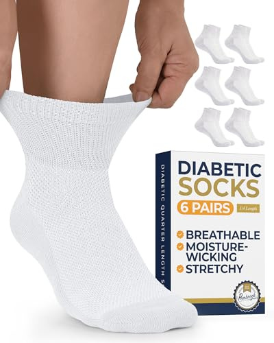 Pembrook White Diabetic Socks for Men & Women | 6 Pairs | Wide Stretch Top Mens | Diabetic Socks for Men 9-12 | Ankle Moisture Wicking Neuropathy Socks for Men