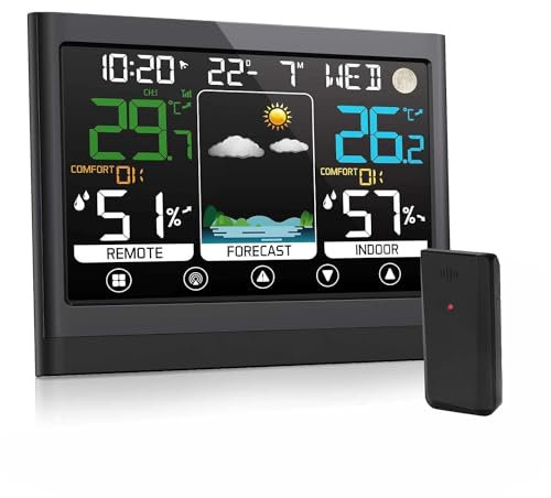 Estacion Meteorologica Interior Exterior con Sensor Inalámbrico Higrómetro Termómetro con Pantalla LCD Color Estación Meteorológica para Temperatura, Humedad, Hora, Fecha, Pronóstico Tiempo