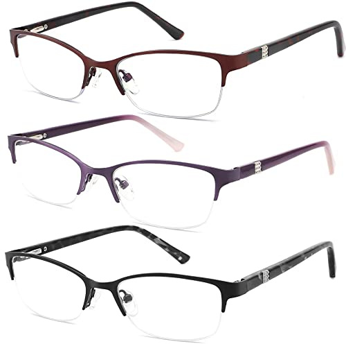 HOTJOJO 3 Pack Reading Glasses for Women Blue Light Blocking, Metal Oval Half Frame Womens Readers Glass with Spring Hinge, Anti Blue Ray Reduce Eye Strain Glare Headache(175 Magnification Strength)