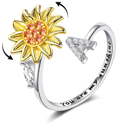 WFYOU Fidget Rings for Anxiety for Women Sunflower Initial Letter Spinner Open Adjustable Ring CZ Daisy Stress Relieving Rings Jewelry Gift for Women Valentine's Day You are My Sunshine Ring