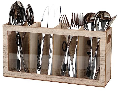 JUJOYBD Besteckhalter Caddy, Holz Glas Küchenutensilienhalter in rustikalem Holz für Bauernhaus Küche Dekor, Besteck Organizer Besteck Abtropfgestell, 4 Fächer mit Griff für Gabeln, Messer, Löffel