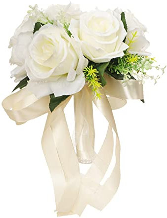 Bouquet De Mariée Avec Fleurs De Rose Artificielles - Ruban Inclus Pour Mariage Blanc