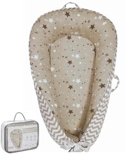 Aila+Aiden Baby Lounger | Organic Cotton Infant Lounger | Reversible, Adjustable & Portable Floor Lounger | Supervised Use | Soft, Breathable, Washable Cover- Star Collection (Tan)