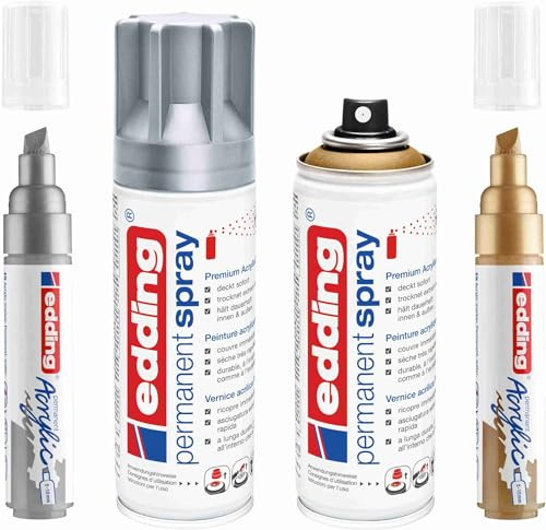 edding Acrylicmarker + passendes Acrylic Permanent Spray 5200 Silber & Reichgold zum Dekoriern und designen