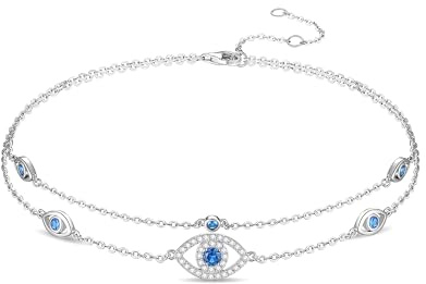 FANCIME Cavigliera da donna, in argento Sterling 925, con catena regolabile con perline e occhio contro il malocchio, gioiello turco da spiaggia, regalo per donne, medio, in argento Sterling, topazio