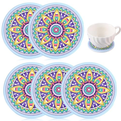 JTUYPT 4 PCS Bevande assorbenti Sughero Ceramica Vetro sottobicchieri con Supporto in Metallo Motivo Mandala per Tazze vasi Candele Regalo di inaugurazione per Compleanno Cucina Soggiorno Decorazione