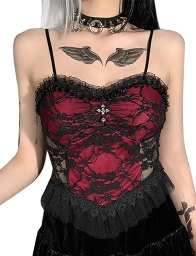 SEAUR Crop Top Y2k - Camiseta de tirantes para mujer, con encaje gótico, espagueti, sin vientre, cuello en V, ropa de calle, club, fiesta, emo grunge, C-encaje-rojo, M