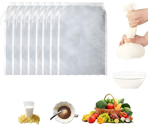 Tkxjry 8 Pezzi Sacchetto Filtro, Sacchetti Per Filtro Con Coulisse, Sacchetti Filtranti Per Alimenti, Per Latte Di Noci, Succo Di Frutta, Latte Di Soia, Caffè, Succo Di Verdura(20 * 30cm)
